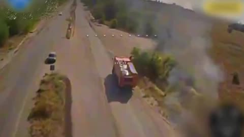 Ukrainian kamikaze drone strikes a Russian fire truck.