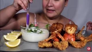 Asmr eating fried lobster seafood creamy garlic sauce