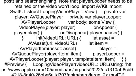 Looping iOS14 VideoPlayer
