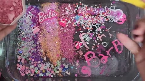 Barbie slime mixing makeup"part "glitter into slime