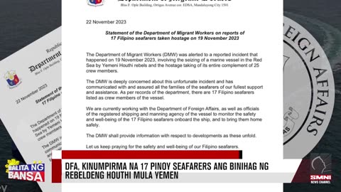 DFA, kinumpirma na 17 Pinoy seafarers ang binihag ng rebeldeng Houthi mula Yemen