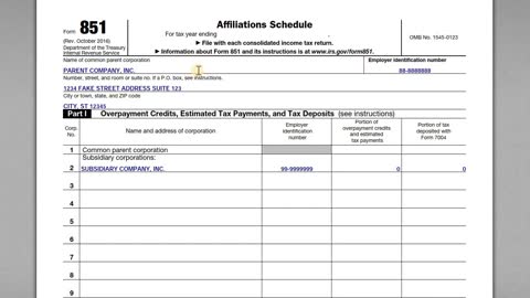 IRS Form 851 - Affiliations Schedule For Consolidated Corporate Tax Returns (Form 1120)