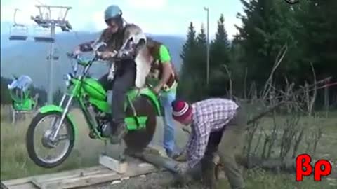 cutting wood with a motorcycle saw.