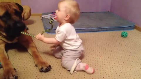 Baby playing with dog, so cute