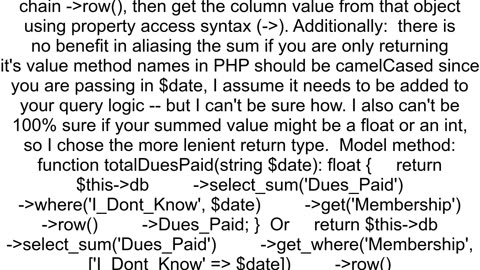 Implement SELECT SUM query using Codeigniter select_sum active record method and return the value