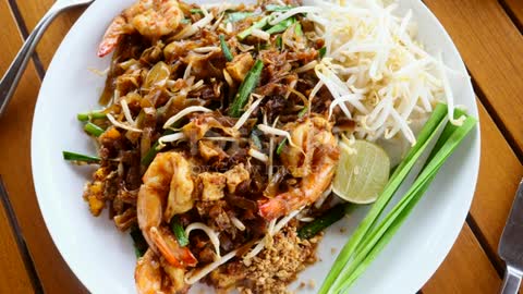 Pad Thai Noodle, Traditional Dish of Fried Rice Noodles with Shrimp