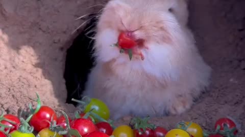 Little rabbit eating tomato