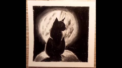 Full moon cat silhouette charcoal drawing