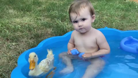 Cutest Funny Baby Reaction to Duckling in the Pool