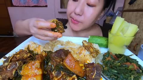 PorkAnd Beef mixed Curry || Long Beans Leaves Chutney || Boiled Bottle Gourd, Cucumber Mukbang