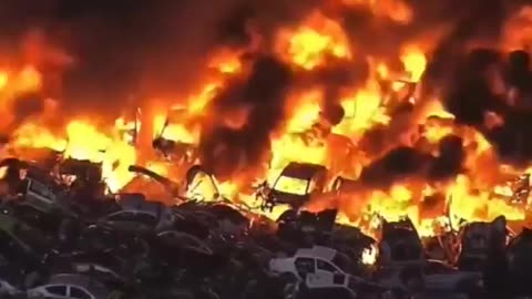 Firefighters engaged in combatting a massive blaze at an extensive vehicle salvage yard