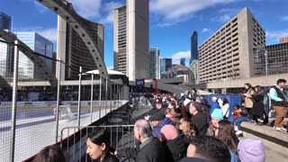 Toronto Downtown Walk City Hall and Maple Leafs Playing at Nathan Phillips Square 4K