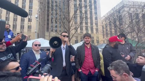 In front of the Manhattan Courthouse: “They can gag Donald Trump, but they can’t gag all of us!”