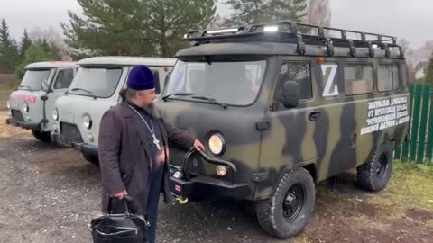 UAZ vehicles to the front from the parish of the Church of the Chernigov Icon