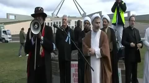 Pastor Ray Minniecon addresses the Save the Sheikh Canberra Rally