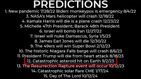 PREDICTIONS - Harris' plane crash 12/23; Israel nuke Damascus 1/5/23; asteroid 9/2/23