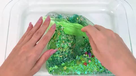 Green Slime. Mixing Makeup Glitter andBeads into Clear Slime ✨ ASMR Slime mp4