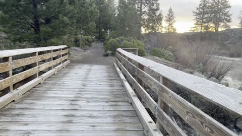 Crossing Wooden Bridge at Sunrise – Deschutes River – Central Oregon – 4K