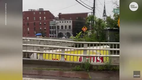 Frito-Lay delivery truck, carried by flood water, slams into bridge