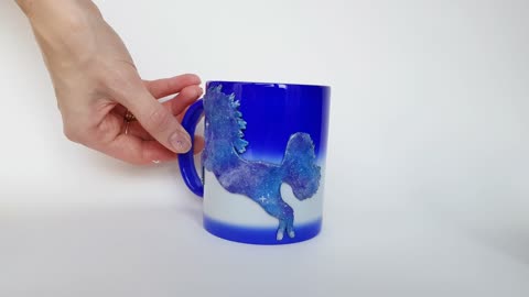 Blue mug chameleon Space Unicorn. Gift magic cup with polymer clay decor by AnneAlArt