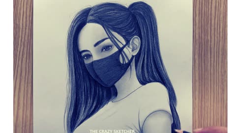 A Beautiful Girl with Face Mask Drawing For Beginners | How to draw a Girl | The Crazy Sketcher