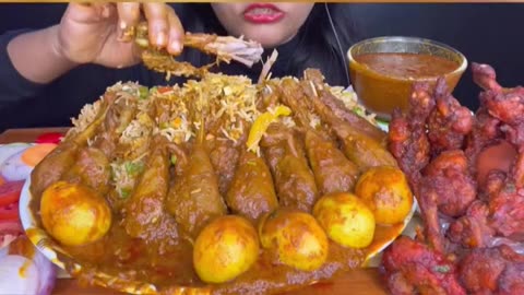 Veg fried rice with chicken leg piece curry and chicken lollipop 😍MUKBANG*