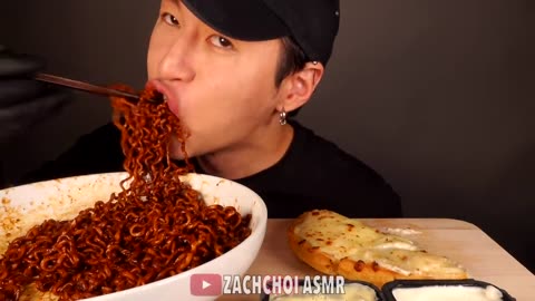 ASMR MUKBANG BLACK BEAN FIRE NOODLES & EXTRA CHEESY PIZZA (No Talking) EATING SOUNDS