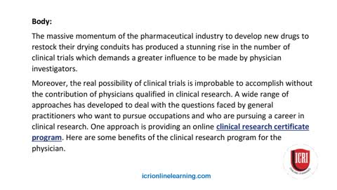 What are the Benefits of Clinical Research Program for Physician?