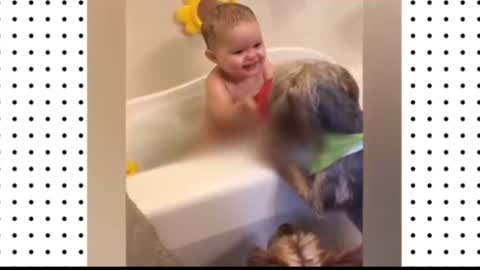 Baby Bathing and play with Pet