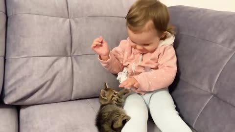 Cute baby meets with kitten first time