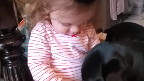 Toddler shares yogurt with Dog