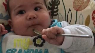 Adorable infant baby super hungry: give me more!