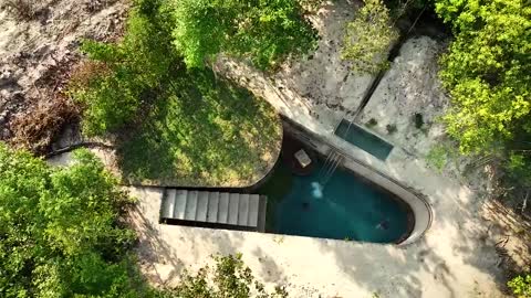 100 Days to build an underground hut with grass roof and amazing pool!