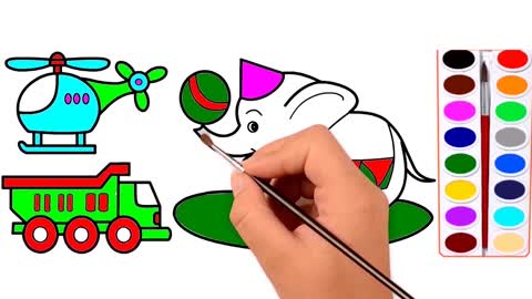 Drawing and Coloring for Kids - How to Draw Helicopter, Lorry, and Elephant