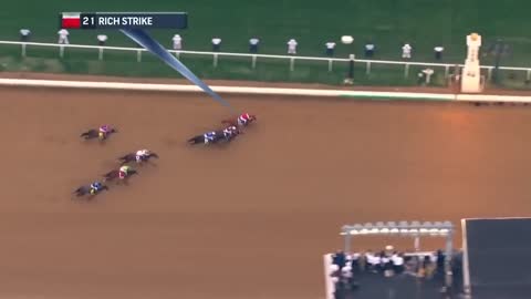Rich Strike, 80-1 long shot winning the 148th KY Derby - aerial camera angle 5/7/2022 Louisville, KY