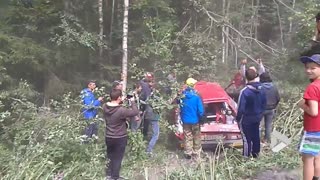 Rally car flips into trees