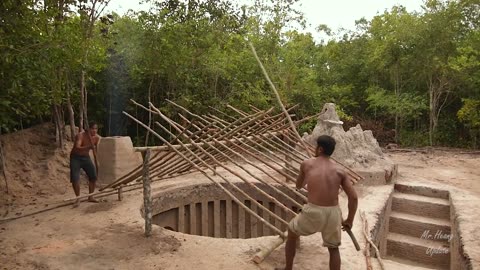 Building underground hut with grass roof & fireplace with clay 😍😍😍