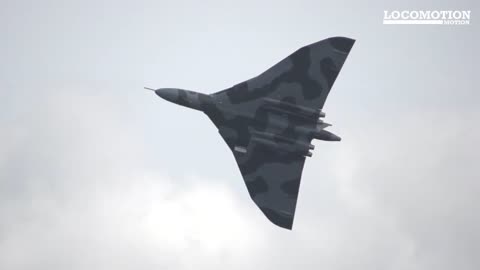 Avro Vulcan delta-wing strategic nuclear bomber SLOW MOTION fly past flying in air Royal Air Force
