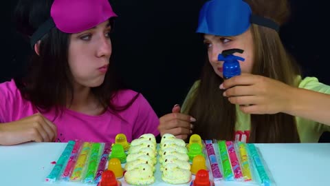Candy Race with Closed Eyes (Gummy Eyeballs, Jelly Straws, Peeps Marshmallow)