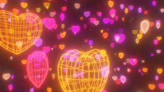 066. Warm Pink And Orange Neon Glow 3D Wireframe Hearts Moving Forward 4K VJ Loop Motion Background