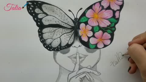 beautiful drawing of a woman with a butterfly on her face