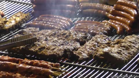 European Street Food Event in Italy. Huge 'Porchetta', Kielbasa, Ribs, Fried Pizza and more Food