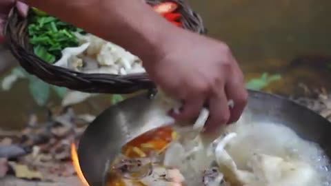 Cooking Tomyam Thai Chicken Spicy Soup Eating So Yummy in Jungle - Cook Tomyam Chicken Recipe