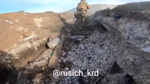 GoPro footage of two Russian soldiers attempting to clear a UA trench network