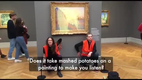 Eco freaks throw mashed potato on $110 million Monet painting in Potsdam, Germany "in protest" against fossils fuels.