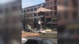 Moment Strong Wind Rips Roof Off City Building