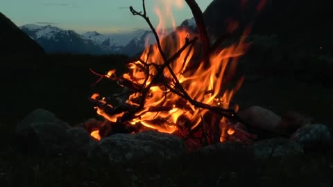 Crackling Mountain Campfire with Relaxing River_ Wind and Fire Sounds (HD)