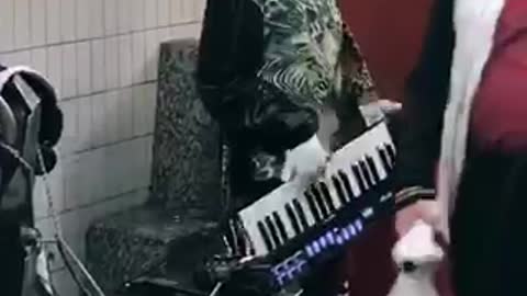 Man with cat costume head playing music