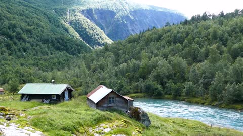 cabins near the river and lake in morkidsdalen park skjolden norway
