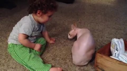 Baby crying with cat!!